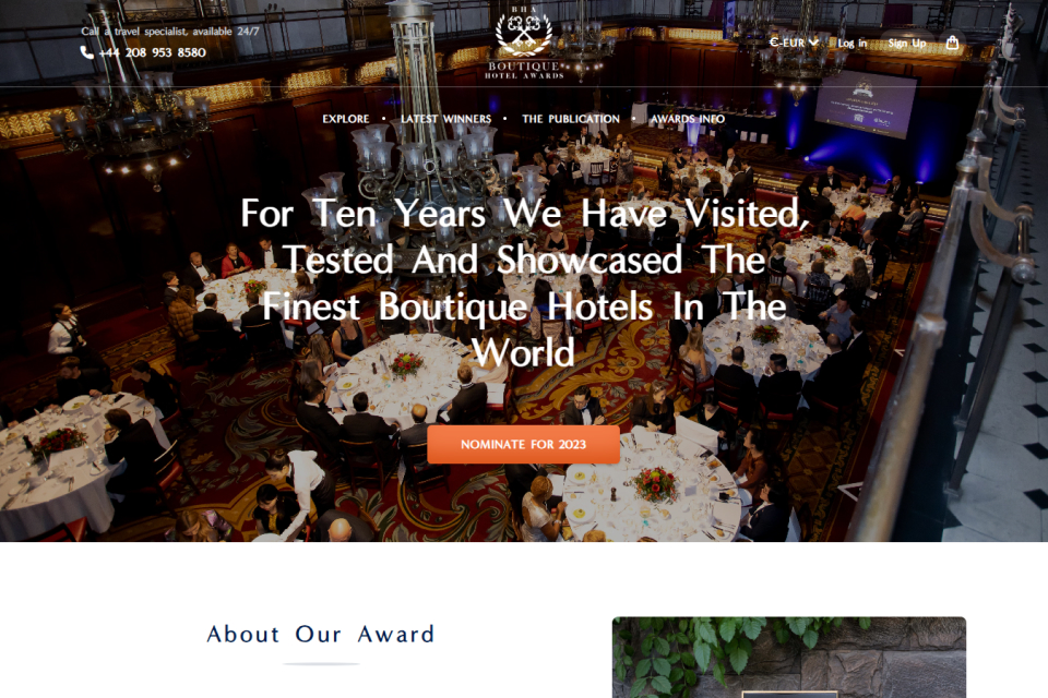 Website for The World Boutique Hotel Awards – Fast, scalable platform for luxury hotel bookings.