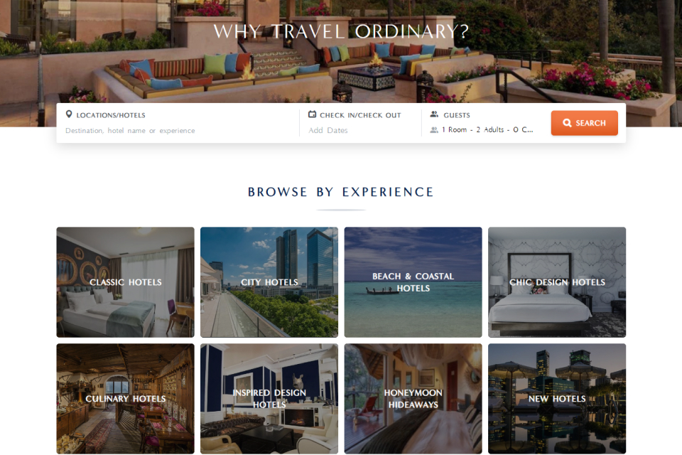 Boutique Hotel Awards – Browse by experience section with categories like Classic, City, Beach, and more.