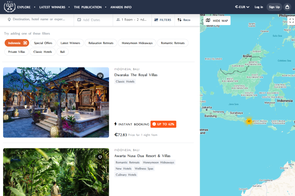 Boutique Hotel Awards – Search results for Indonesia with map view enabled.