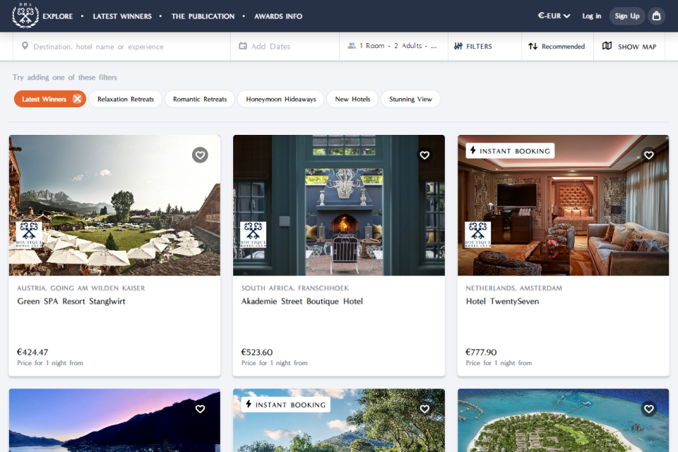 Boutique Hotel Awards – Search results displaying available luxury hotels.