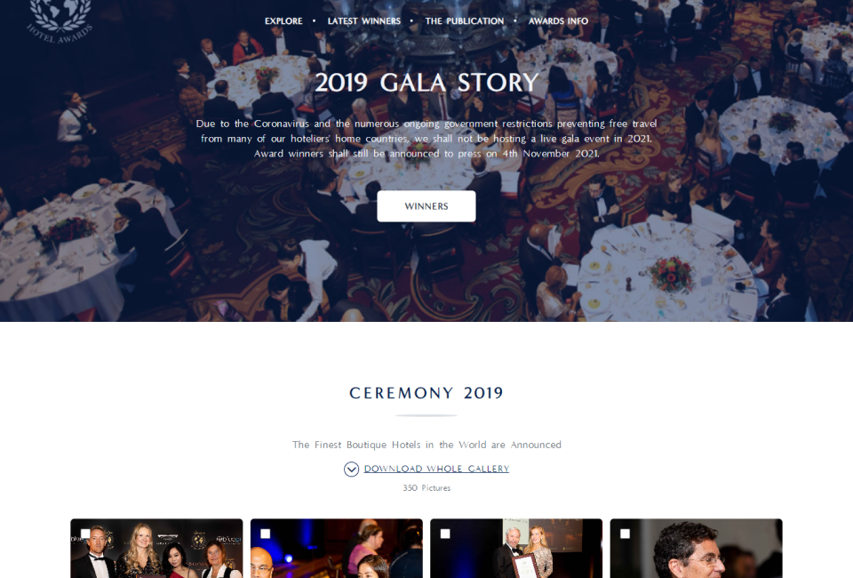 Boutique Hotel Awards – Gala Story 2019 with winners and event gallery link.