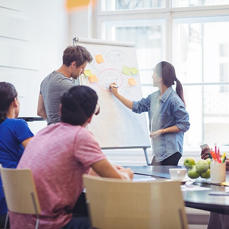 Team brainstorming in a meeting room.