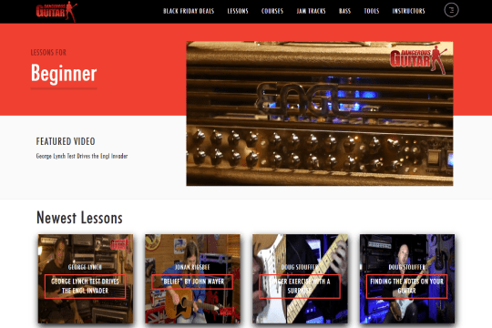 Dangerous Guitar platform – Beginner lessons page showcasing the newest available lessons.