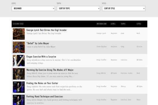 Dangerous Guitar platform – Lessons page with filters for Level, Topic, and Style.