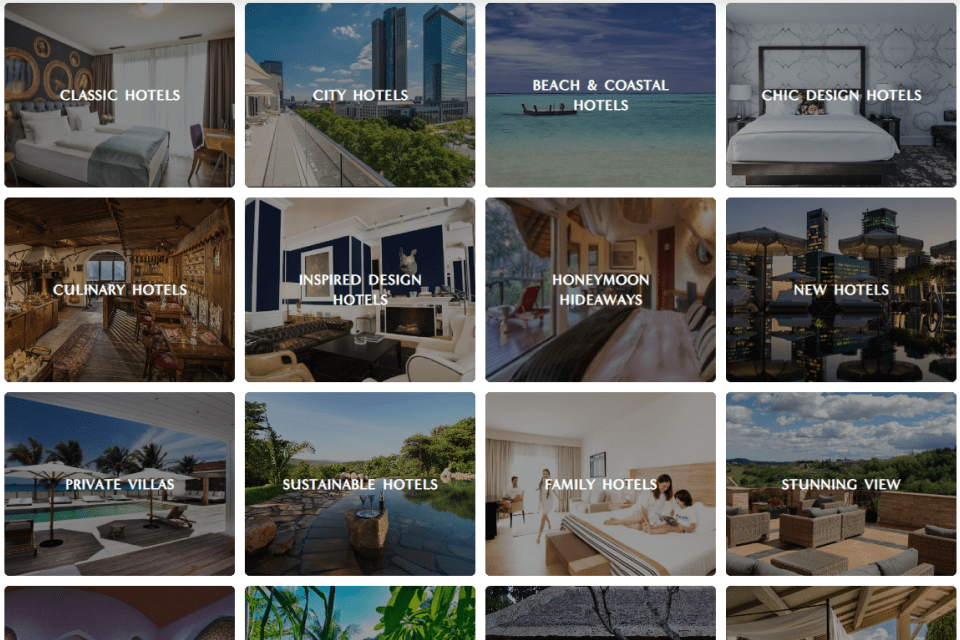 Boutique Hotel Awards – Expanded 'Browse by Experience' section showing all hotel categories.