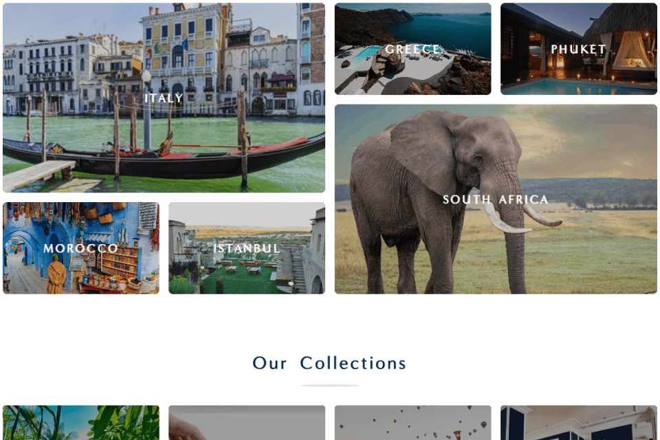 Boutique Hotel Awards – Top destinations section showcasing luxury travel spots.