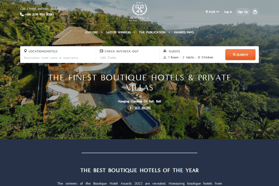 Boutique Hotel Awards – Website header and search section for easy hotel booking.