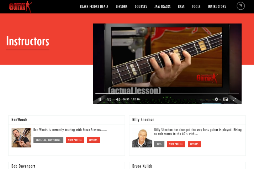 Dangerous Guitar platform – Instructors page displaying bios and areas of expertise.