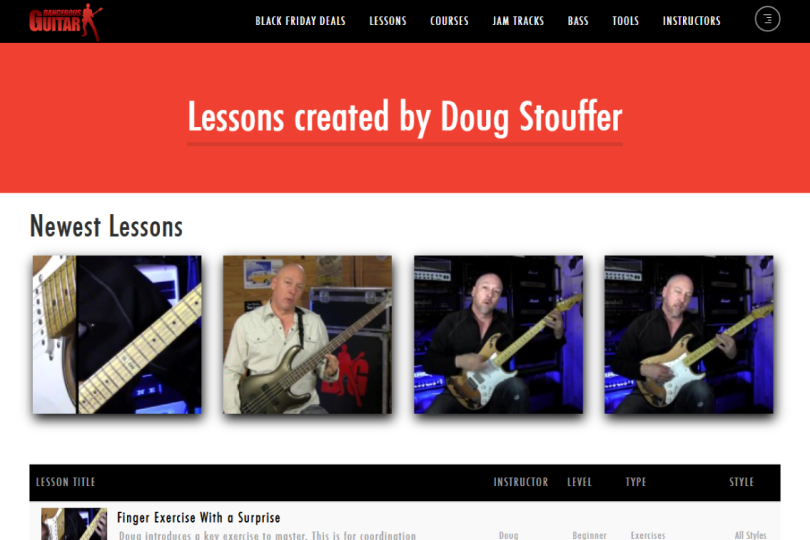 Dangerous Guitar platform – Lessons page featuring content created by Doug Stuffer.